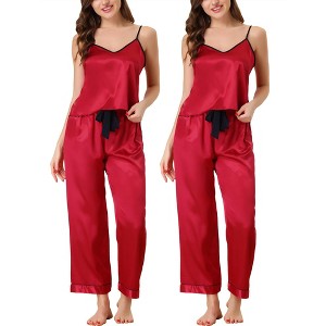 cheibear Women's Satin Silky Sleepwear Suspender Cami Top Long Pants Soft Pajama Set 2Packs - 1 of 4