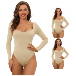INSPIRE CHIC Women's Long Sleeve Slim Fit Stretchy Square Neck Leotard Jumpsuits 3 Packs - 1 of 4