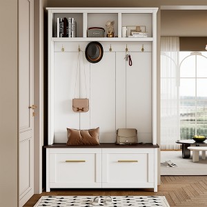 TIRAMISUBEST Modern Entryway Organizer with Bench,Space-Saving 4-in-1 Hall Tree Bench with 6 Hooks & 2 Drawers - 1 of 4