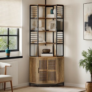 Hommoo Industrial Tall Corner Shelf with Cabinet Rustic Brown - 1 of 4
