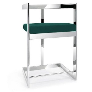 HomeRoots 30" Green and Silver Metal and Velvet Low Back Bar Height Bar Chair - 1 of 4