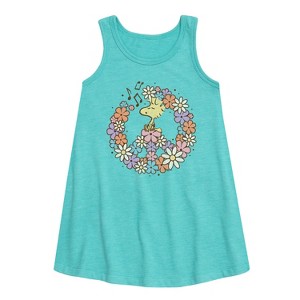 Girls' - Peanuts - Floral Peace Sign Woodstock Graphic Sleeveless Aline Dress - 1 of 4