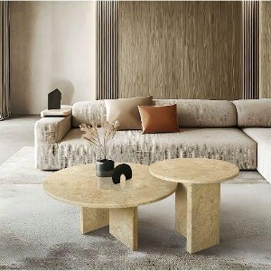NicBex Natural Marble Small Coffee Table, Genuine Marble Round End Table, Stone Side Table for Living Room,17.7" Nightstand with Semi-Polished Surface - 1 of 4