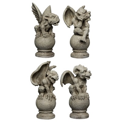 Gray Polyresin Gargoyles on Pedestals Garden Statue Set
