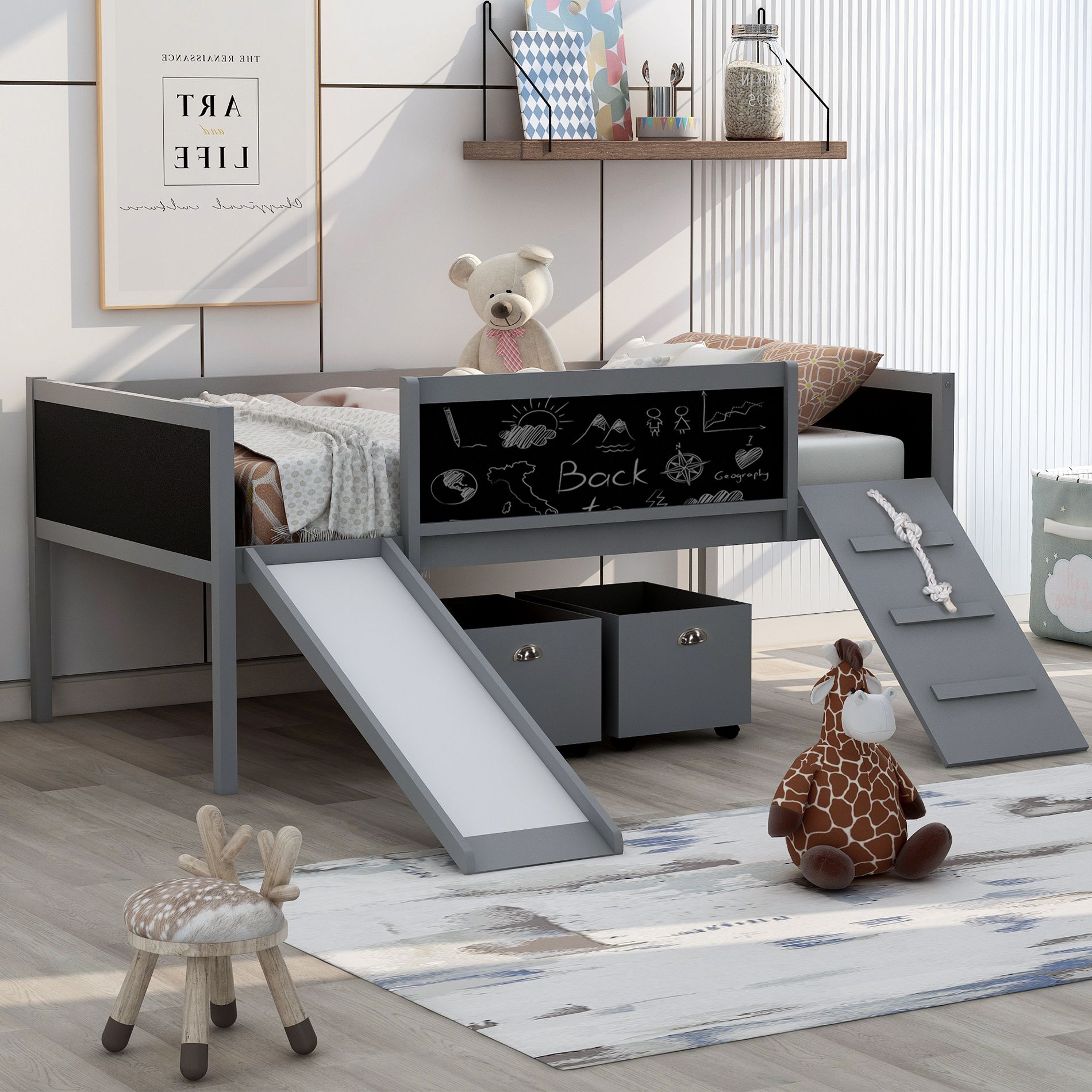 Twin Size Loft Bed with Slide, Storage Boxes, Climbing Frame and Double-Sided Chalkboard, Solid Wood Bed Frame for Kids, Gray - HABITRIO