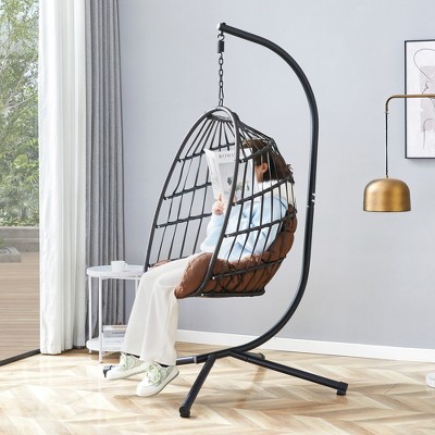 FURNIinspire Patio Swings Hanging Chair With Wicker Weave, Single Person Swing With Brown Seat Cushion For Indoor And Outdoor, Black, 37“*37"*79"