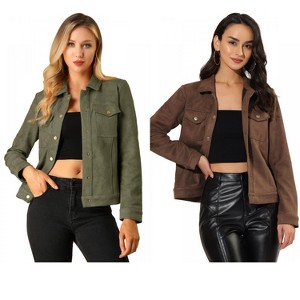 INSPIRE CHIC Women's Turn-Down Collar Flap Pockets Snap Button Faux Suede Jacket 2 Packs - 1 of 4