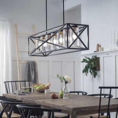 Moorgate 48" Black Steel Cage Linear Chandelier with Clear Glass