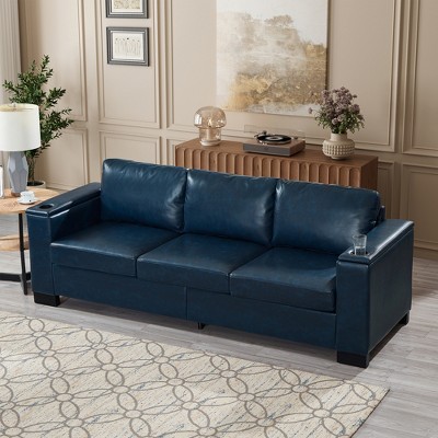 93.7'' PU Leather Upholstered 3-Seater Sofa with Square Arms, Cup Holder, and Hidden Storage