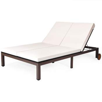 Tangkula 2-Person Patio Rattan Recliner Chair Chaise Lounge Daybed with Wheels & Cushion