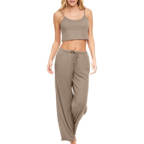 Adr Women's Ribbed Knit Pajamas Set Set With Pockets, Cami Top And Pajama  Thermal Underwear Pants Beige Large : Target