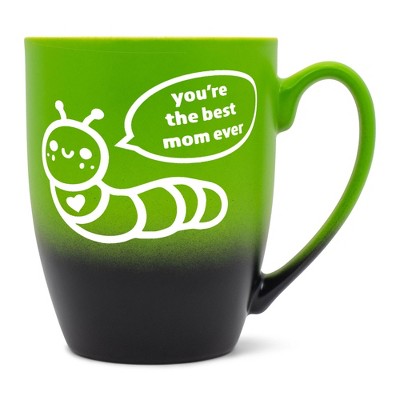 Elanze Designs Mother's Day Appreciation Coffee Cup Mug 12 Ounce Ceramic With Ombre Gradient Best Mom Ever Caterpillar Green and Black