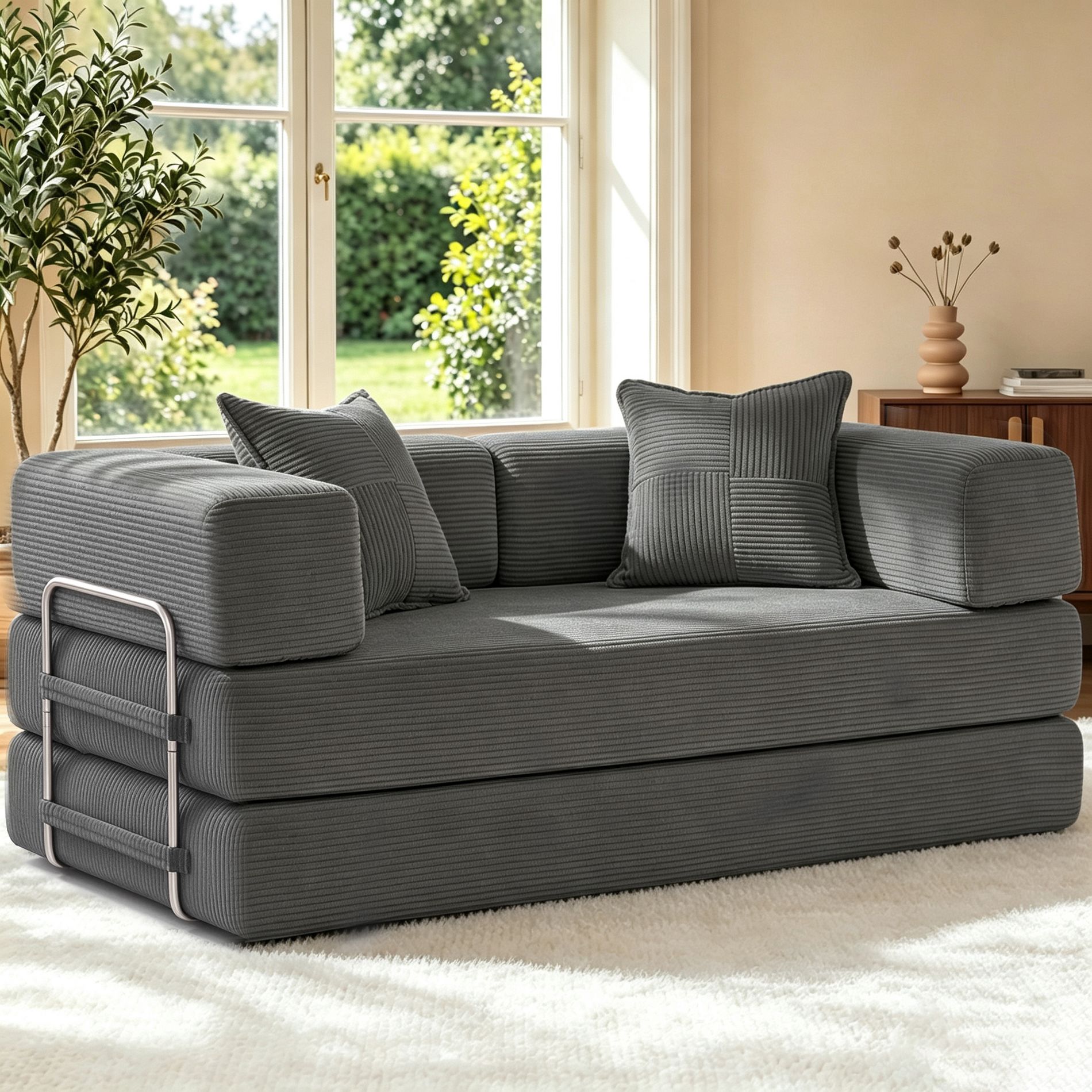 Dyonery 65" Folding Boneless Couch with Fixed-Shape Frame, Corduroy Floor Sofa Loveseat Sleeper for Living Room, Bedroom, Small Apartment,Gray