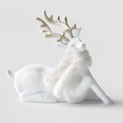 8.5" Flocked Sitting Deer Decorative Figurine with Gold Glitter Antlers White - Wondershop™