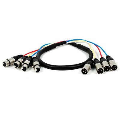 Monoprice 4-Channel XLR Male to XLR Female Snake Cable Cord - 3 Feet- Black/Silver With Metal Connector Housings Plastic And Rubber Cable Boots