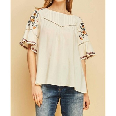 Women's Embroidered Floral Peasant Top - entro