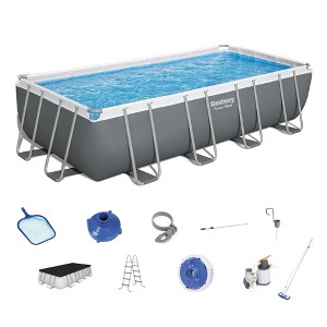 Bestway Power Steel 18' x 9' x 48" Rectangular Above Ground Swimming Pool Set Metal Frame Family Pool with Sand Filter Pump, Skimmer, and Vacuum,White - 1 of 4