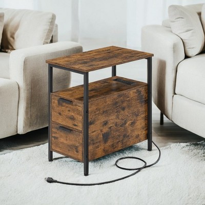 VASAGLE Side Table with Charging Station, Narrow End Table with 2 Drawers, Slim Nightstand and Bedside Table with Storage