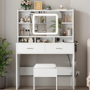 Vanity Desk with Sliding Mirror, Makeup Desk and Stool with Lights in 3 Colors, Vanity Table with Charging Station, 2 Drawers & Storage Shelves - 1 of 4