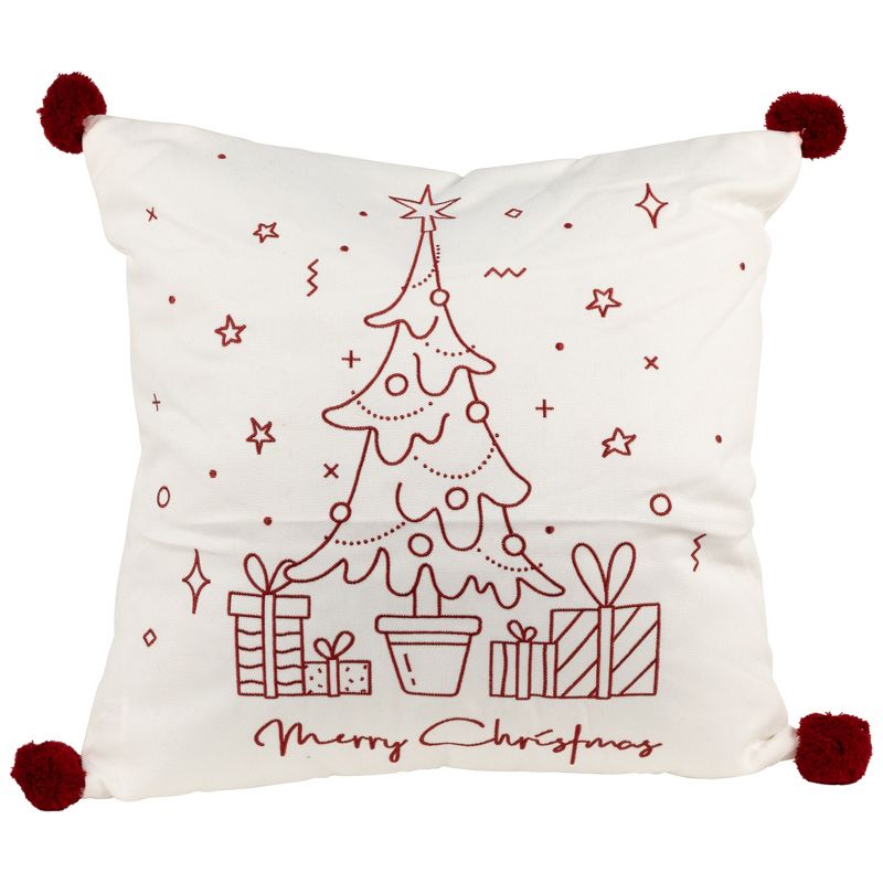 Northlight 16" White and Red Christmas Tree Embroidered Square Throw Pillow with PomPoms, 1 of 6