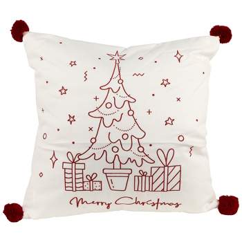 Northlight 16" White and Red Christmas Tree Embroidered Square Throw Pillow with PomPoms