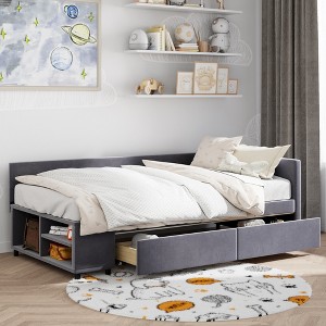 Twin Size L-Shaped Upholstered Platform Bed with Storage and Drawers - 1 of 4