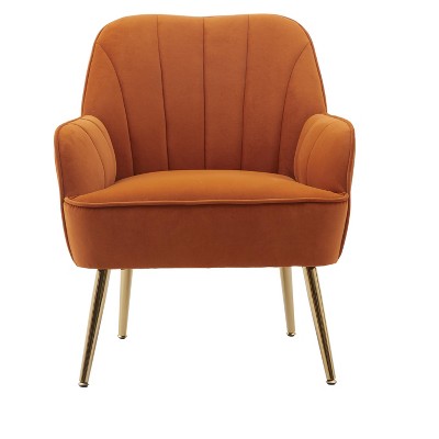 Vynxaria Orange Velvet Fabric Accent Chair with Gold Legs for Living Room and Bedroom