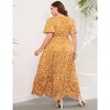 Women Plus Size Maxi Dress V Neck Summer Dress Short Sleeve Long Dress High Waist Ruffle Casual Dress with Belt, Flower Caramel Color, 3XL - 4 of 4