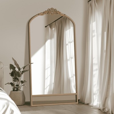 Lirago Arch Rattan Wood Mirror with Carved Design Vanity Mirror Decor Mirror 71*37 Brown