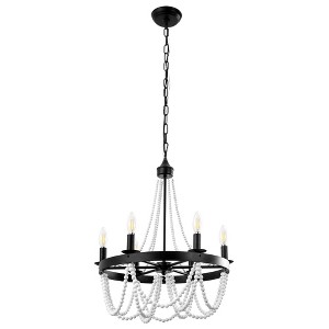 DORESshop 6-Light Matte Black Chandelier with White Wood Beads, E12 Sockets, Non-Integrated Bulbs, Rustic Farmhouse Style - 1 of 4