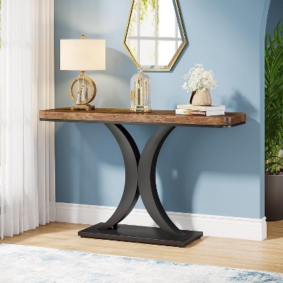 Rustic Brown and Black 40" Console Table with Geometric Metal Base