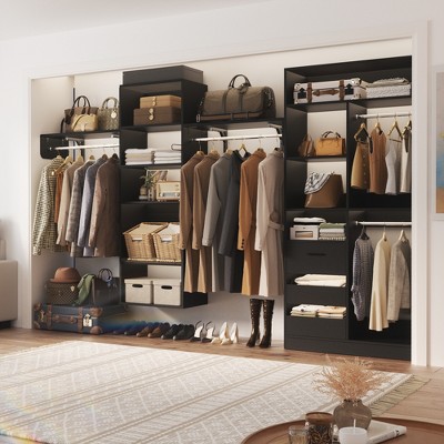 Aheaplus 132" Closet System with Adjustable Shelves and Drawers, Wall-mounted Space-Saving Closet Organizer with Hanging Rods