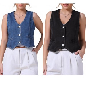 INSPIRE CHIC Women's Sleeveless V Neck Button Down Jean Crop Denim Tank Tops 2 Packs - 1 of 4