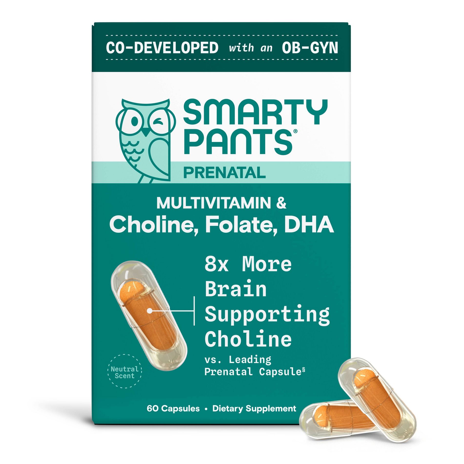 SmartyPants Prenatal Multivitamin Capsules, OBGYN CoDeveloped with Choline, Folate, Omega3 DHA & Iron for Baby's Development - 60ct