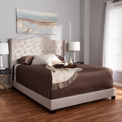 Contemporary Beige Queen Upholstered Bed with Tufted Headboard
