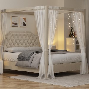 Upholstered Canopy Bed Frame Full Size with headboard, Button Tufted, Nailhead Trim Design - 1 of 4