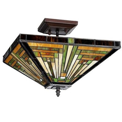 Innes 14" Bronze Tiffany-Style Mission Semi-Flush Ceiling Light