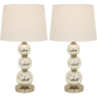Set of 2 Mercury Silver Crackle Glass Table Lamps with White Linen Shades