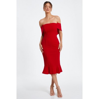 Red bardot frill hem midi dress clearance
