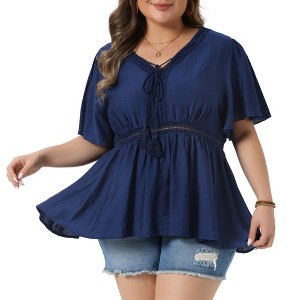 Women's Plus Size Bohemian Cutout V Neck Tie Elastic Waist Summer Casual Peplum Blouses - Agnes Orinda - 1 of 4
