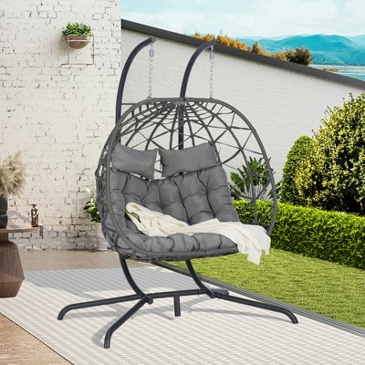 DOMETOUR 2 Person Outdoor Rattan Hanging Chair Patio Wicker Egg Chair