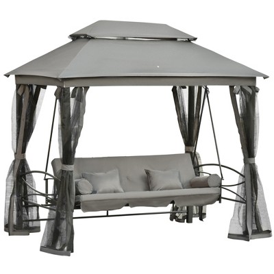 Outsunny 3 Person Patio Swing Chair, Gazebo Swing with Double Tier Canopy, Cushioned Seat, Mesh Sidewalls