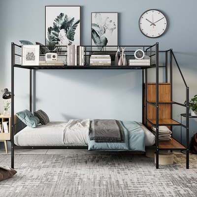 NicBex Twin Over Full Metal Bunk Bed,Versatile Loft Bed with Lateral Storage Ladder and Wardrobe for Bedroom,Black/White