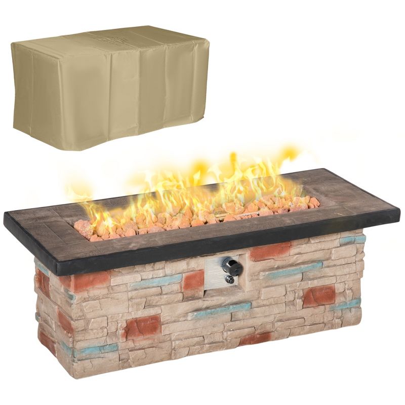 Outsunny Outdoor Propane Fire Pit Table Faux Brown Ledge Stone 48-inch Rectangle Fire Table, 50,000BTU Auto Ignition Gas Firepits, 1 of 7