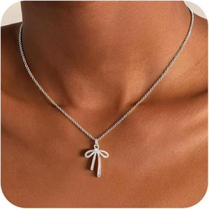 Dainty Bow Pendant Necklace, 14K Gold Plated Non-Tarnish Trendy Jewelry Gift silver-6 - 1 of 4