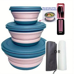 LunaLulinlk 3pcs/set Camping Bowl; Silicone Collapsible Bowl Lunch Box Salad Bowl With Lid - 1 of 4