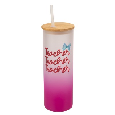 Elanze Designs 25 Ounce Frosted Glass Gradient Travel Tumbler With Straw and Wooden Lid, Teacher Pink