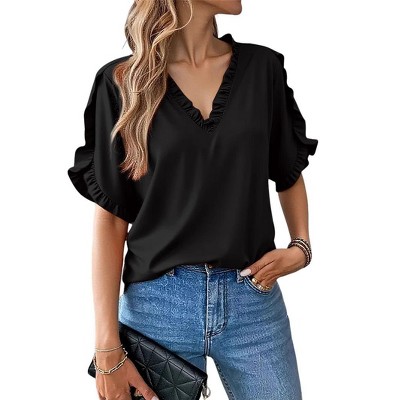 Ruffle Petal Sleeve Blouse V Neck Elbow Sleeve Tee Blouse Summer Casual Tops Ruffle Tunic Blouse