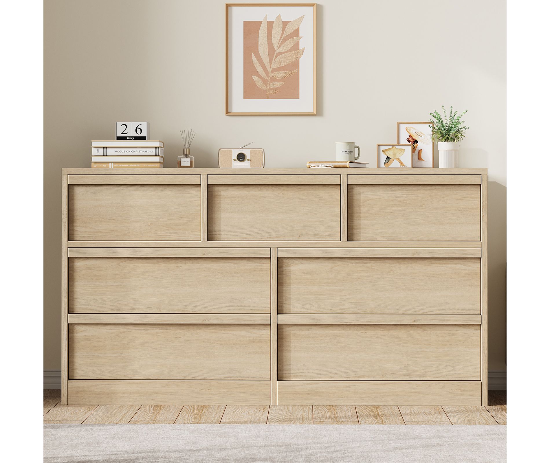Garvee 7 Drawer Dresser for Bedroom, Natural Double Dresser Organizer with Concave Handles, Modern Chest of Drawers for Bedroom, Living Room, Nursery