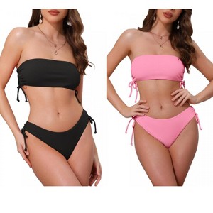 INSPIRE CHIC Women's Bandeau Drawstring Side Tie Ribbed Strapless Top Triangle Bottom Swimwear Bathing Bikini Suits 2 Sets - 1 of 4